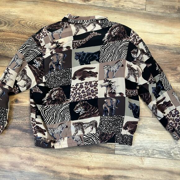 90s Vintage Bomber Jacket Animal Print Patchwork Silk Leopard Cheetah Elephant L - Picture 3 of 9